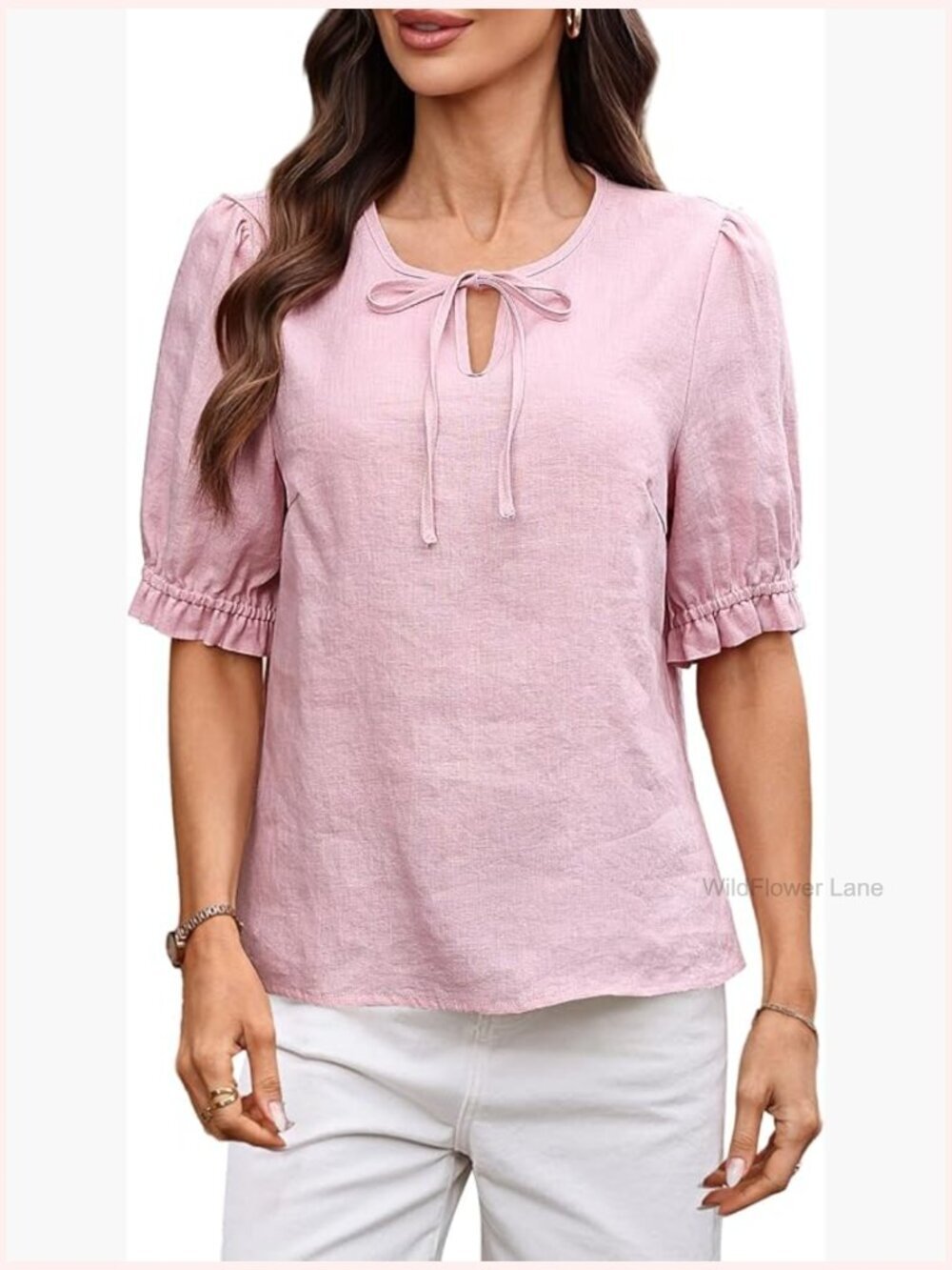 100% Linen Short Sleeve Tie Front Blouse Ruched Puff Sleeve Top
